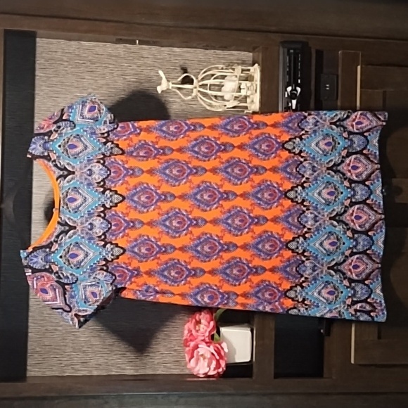 London Times Dress Colorful Print Short Sleeves Mini/Midi Size 14 - Picture 1 of 12